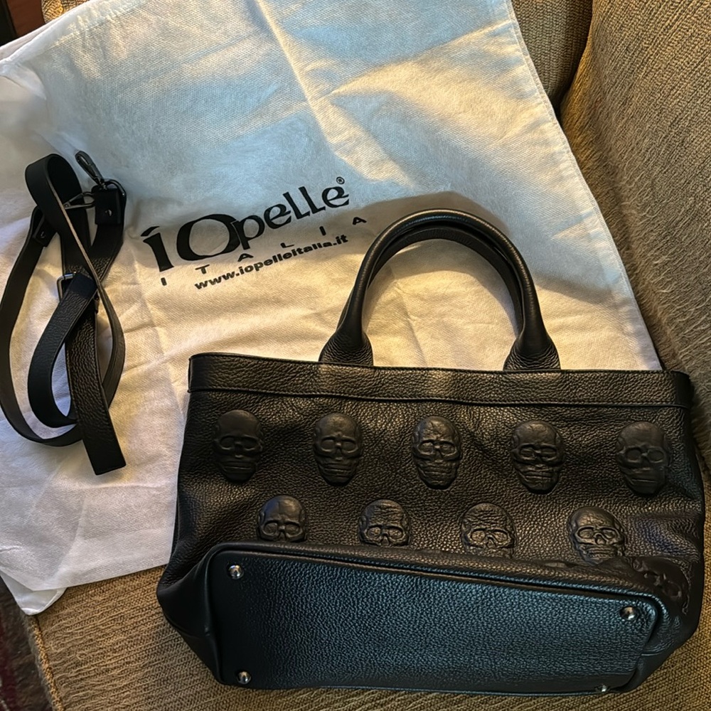IO PELLE Italia 3D Skull Black leather bag.  New. Halloween Italy